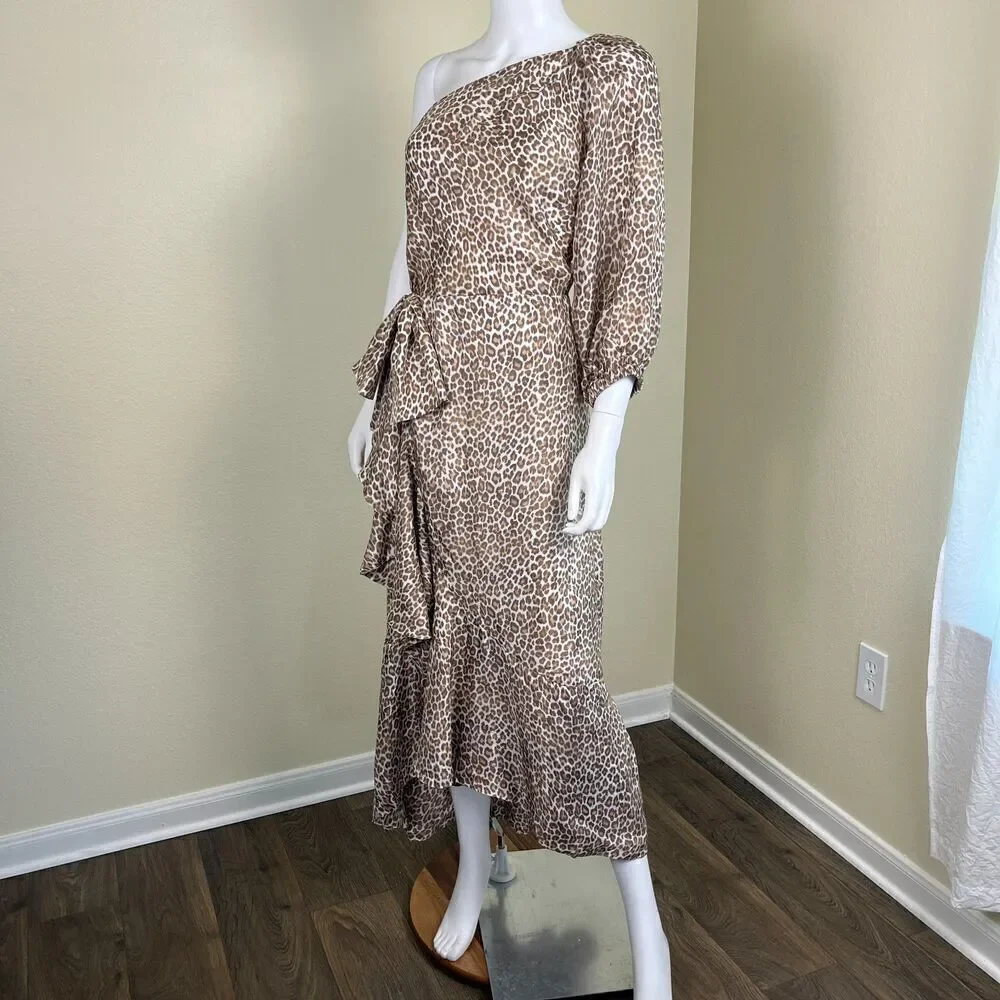 J.Crew Collection Womens Size M Leopard One Shoulder Ruffle Faux Wrap Midi Dress